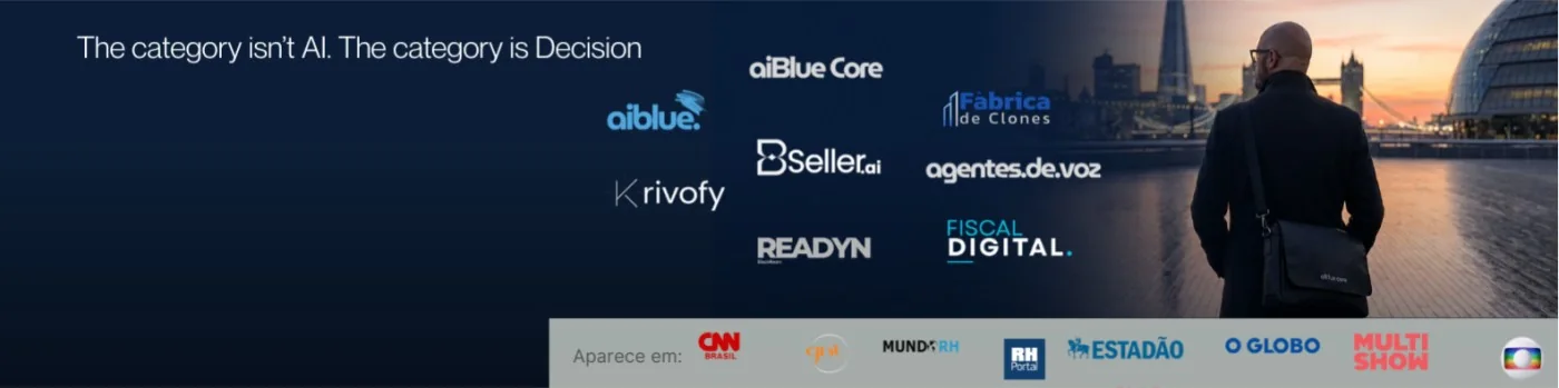 Ecossistema aiBlue: aiBlue Core, Fábrica de Clones, Bseller.ai, agentes.de.voz, Krivofy, Readyn e Fiscal Digital, e veículos onde a aiBlue apareceu
